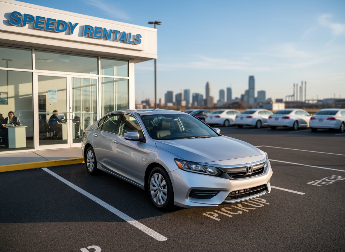 A gleaming silver midsize sedan parked prominently in front of a modern glass car rental office, its polished body reflecting a clear blue sky and subtle city details. The setting is a clean, well-marked pickup area with neat white lines on smooth asphalt, and a distant hint of a New Jersey skyline softly blurred in the background. Late afternoon natural light creates crisp, professional highlights along the car’s contours and gentle shadows beneath. Photographic realism with an eye-level composition follows the rule of thirds, keeping the vehicle in sharp focus while the background falls into soft bokeh. The mood is professional, efficient, and welcoming, perfectly suited for a fast, affordable car rental brand.